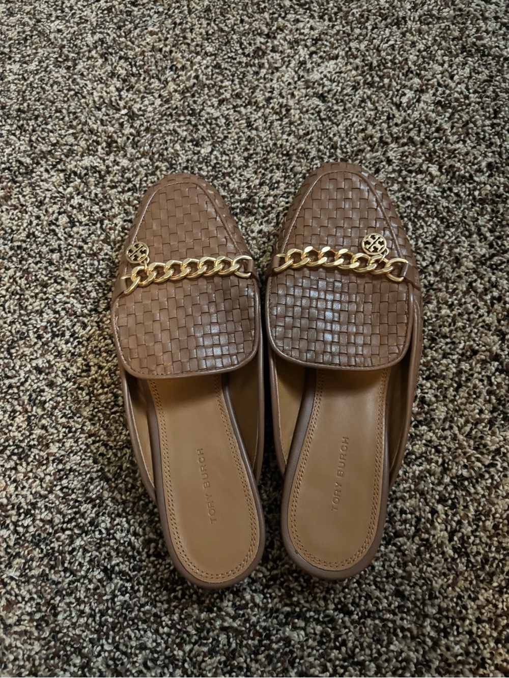 Tory Burch Tan Woven Leather Chain-Trim Mules